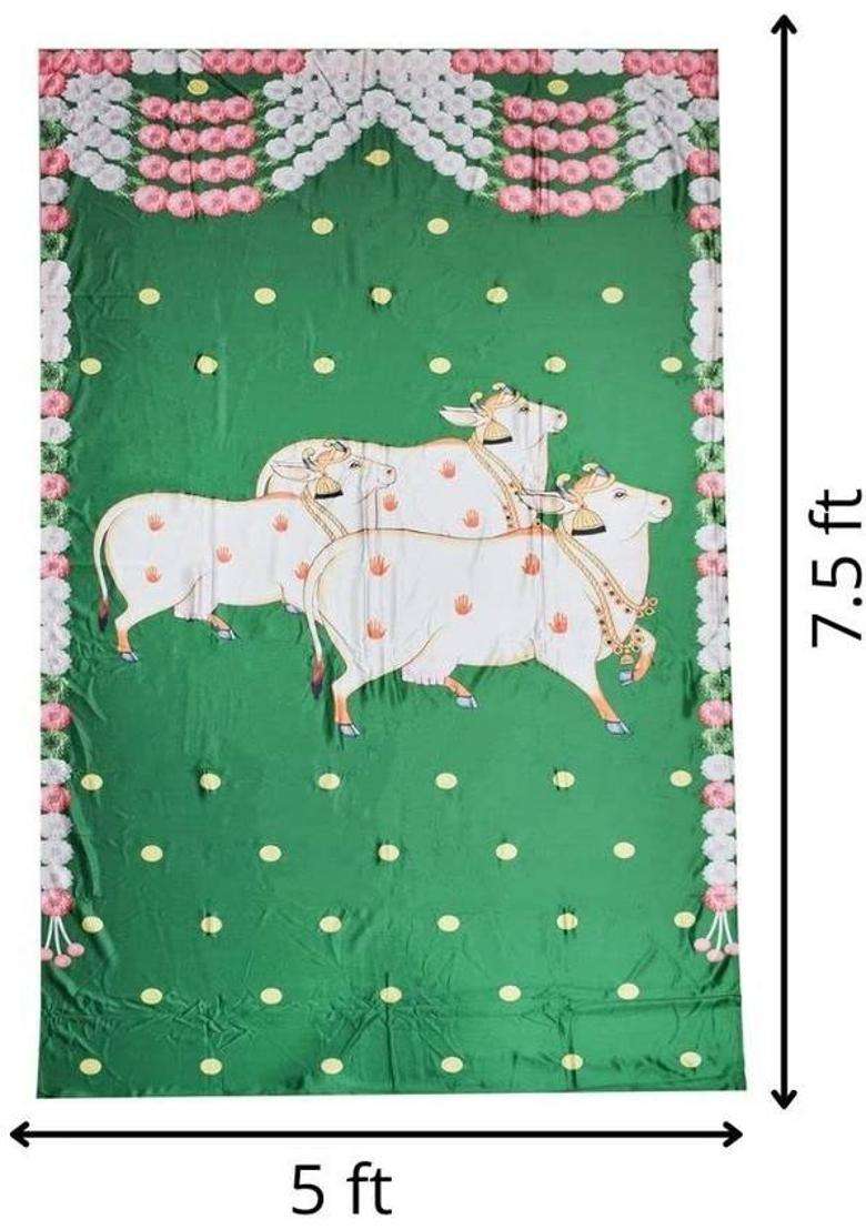 Puja N Pujari Green Colour Cow Design Backdrop Cloth for Pooja Decoration Altar Cloth - Indya
