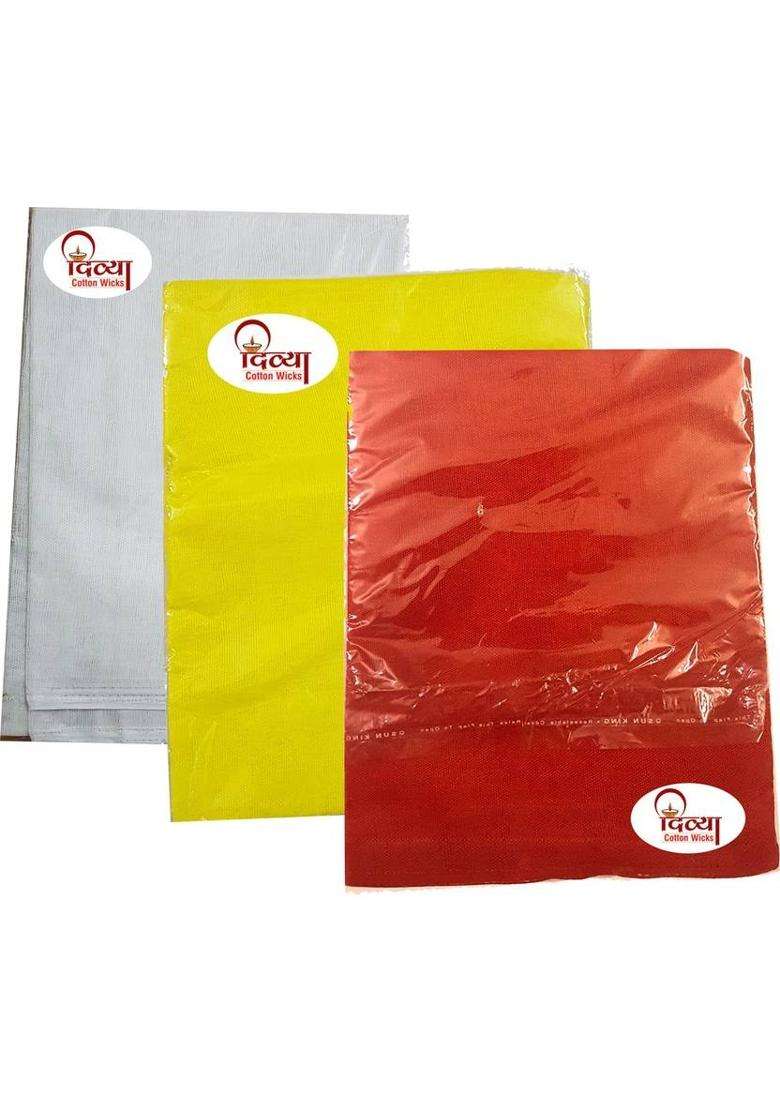 DIVYA Cotton Wicks Puja Cloth Cotton Cloth Aasan For Pooja or Mandir Cotton Altar For Puja Combo Pack 3 And 1 Packet Long Cotton Batti Free Color Red Yellow White Size 1 Meter Of Each Altar Cloth(Pack of 3) - Indya