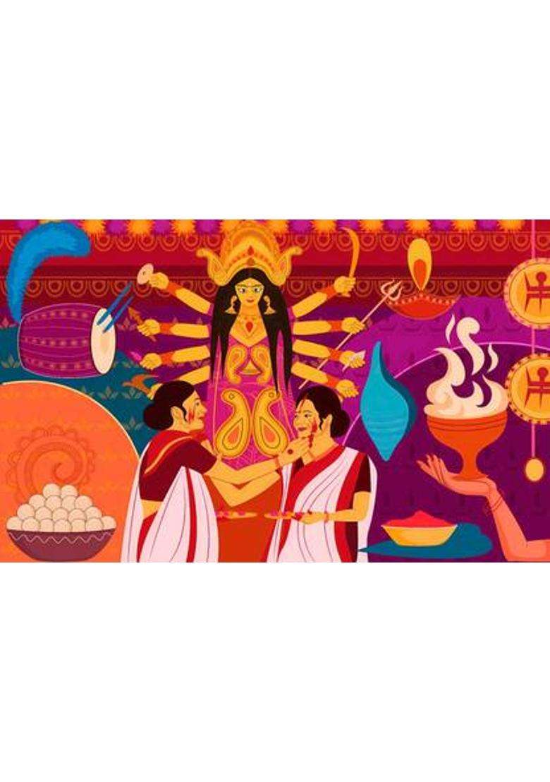 Avante Durga Puja Sindoor Khela Women Printed Backdrop Altar Cloth - Indya