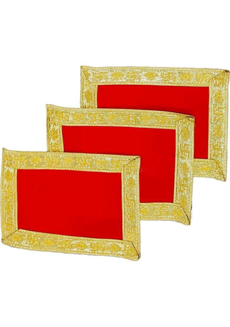 MSC MAA SHEETLA CREATIONS 85 Inch Embroidery Swastik Velvet Red Pooja Aasan Chowki Altar Cloth (Pack6) Altar Cloth(Pack of 6) - Indya