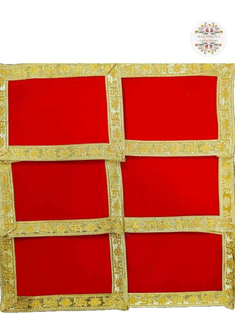 MSC MAA SHEETLA CREATIONS 85 Inch Embroidery Swastik Velvet Red Pooja Aasan Chowki Altar Cloth (Pack6) Altar Cloth(Pack of 6) - Indya