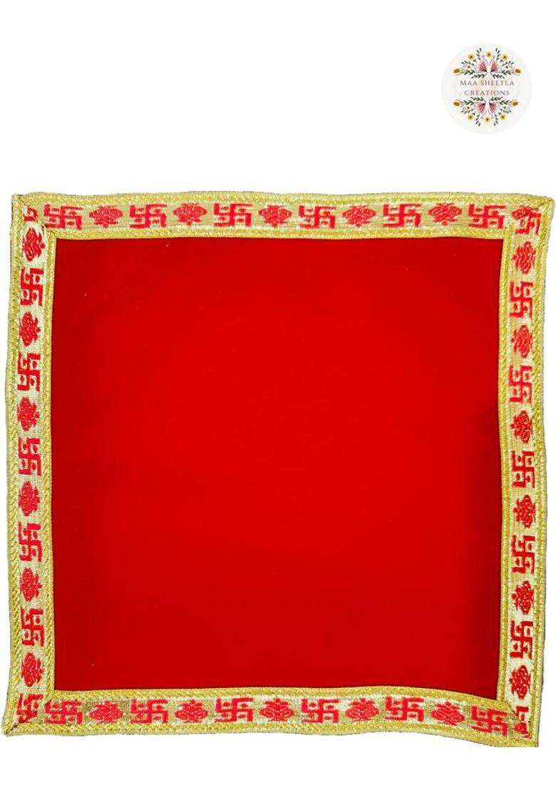 MSC MAA SHEETLA CREATIONS 1010 Inch Embroidery Swastik Velvet Red Pooja Aasan Chowki Altar Cloth (Pack6) Altar Cloth(Pack of 6) - Indya