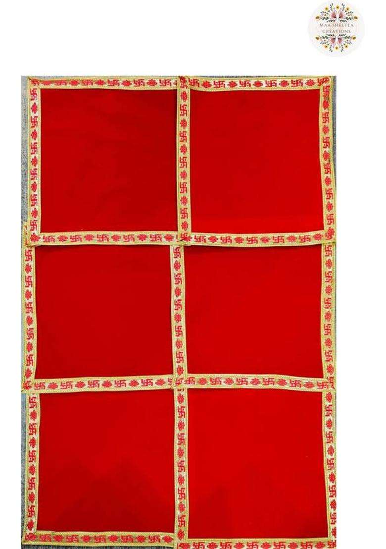 MSC MAA SHEETLA CREATIONS 1010 Inch Embroidery Swastik Velvet Red Pooja Aasan Chowki Altar Cloth (Pack6) Altar Cloth(Pack of 6) - Indya