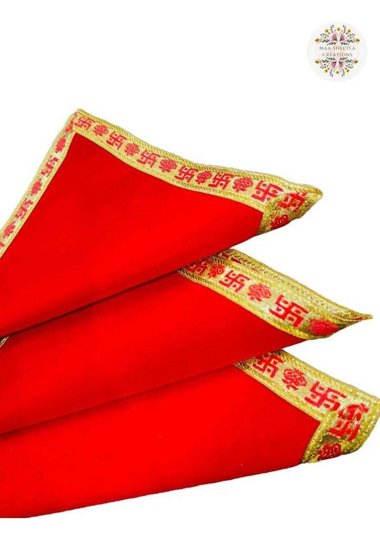 MSC MAA SHEETLA CREATIONS 1010 Inch Embroidery Swastik Velvet Red Pooja Aasan Chowki Altar Cloth (Pack6) Altar Cloth(Pack of 6) - Indya