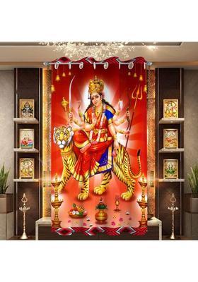 LOOMLYFE 153 cm (5 ft) Window Polyester Room Darkening Curtain Single Curtain(Red Mata Ji Printed)