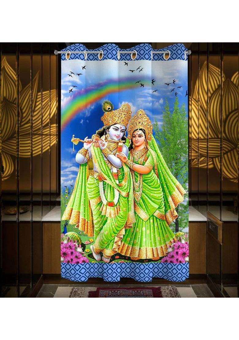 LOOMLYFE 153 cm (5 ft) Window Polyester Room Darkening Curtain Single Curtain(BlueKrishna 3D Printed) - Indya