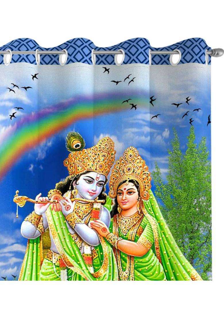 LOOMLYFE 153 cm (5 ft) Window Polyester Room Darkening Curtain Single Curtain(BlueKrishna 3D Printed) - Indya