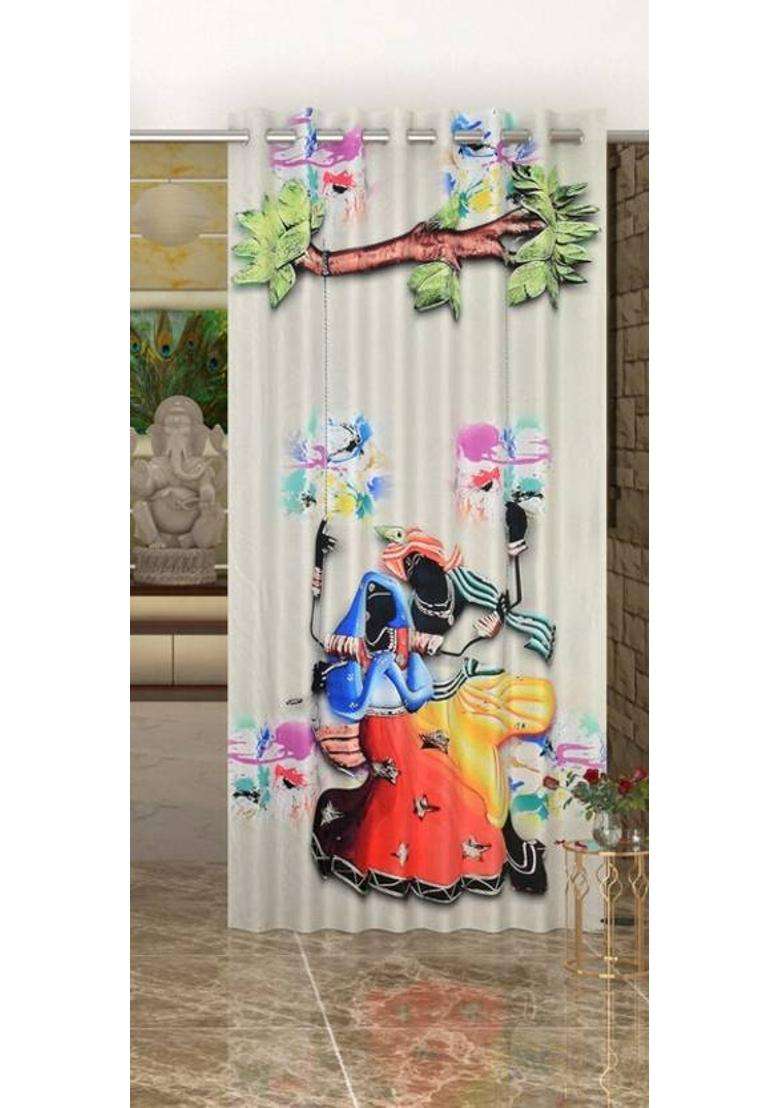 REHAAN 153 cm (5 ft) Window Polyester Room Darkening Curtain Single Curtain(White Krishna Printed) - Indya
