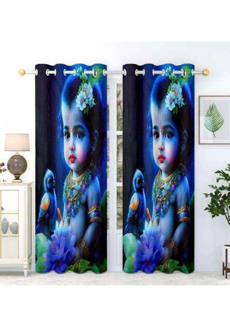 La elite 152 cm (5 ft) Window Polyester Room Darkening Curtain (Pack Of 2)(Laddugopal-Blue Printed) - Indya