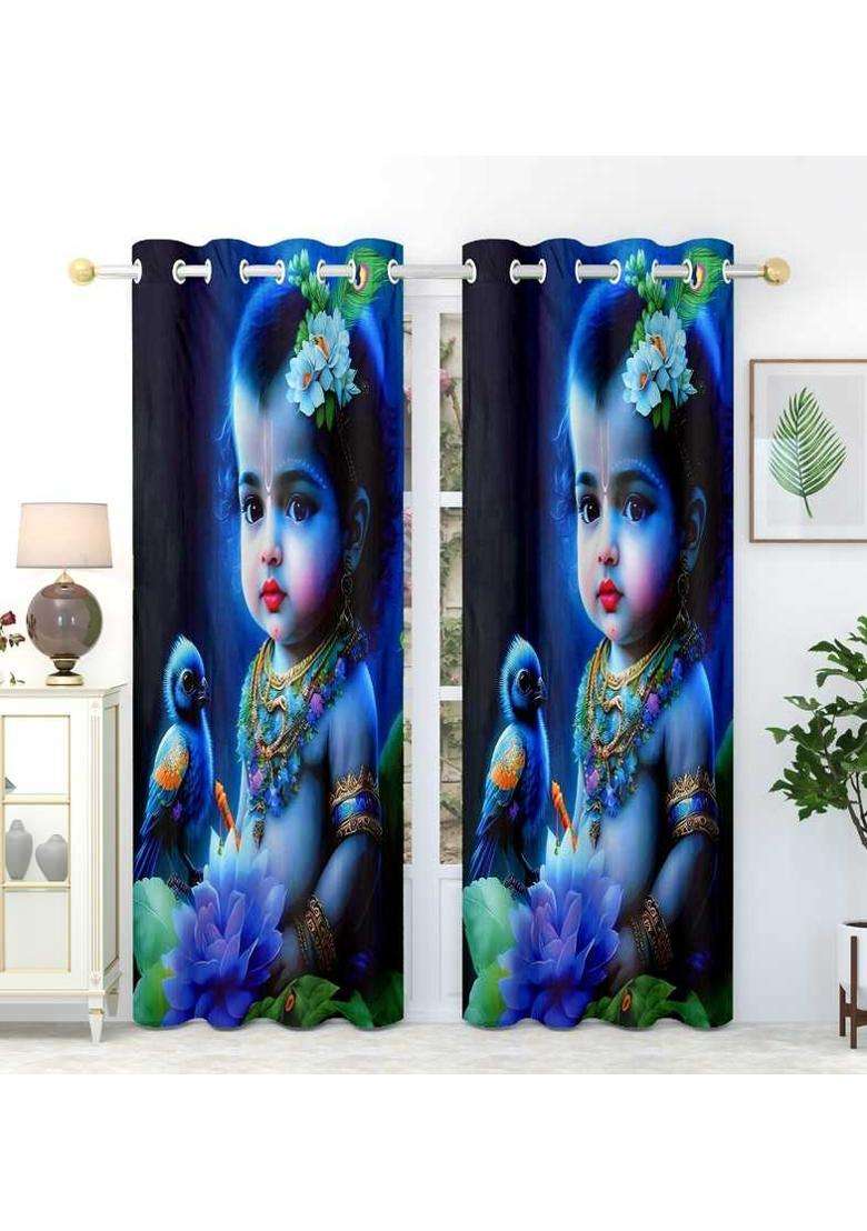 La elite 152 cm (5 ft) Window Polyester Room Darkening Curtain (Pack Of 2)(Laddugopal-Blue Printed) - Indya