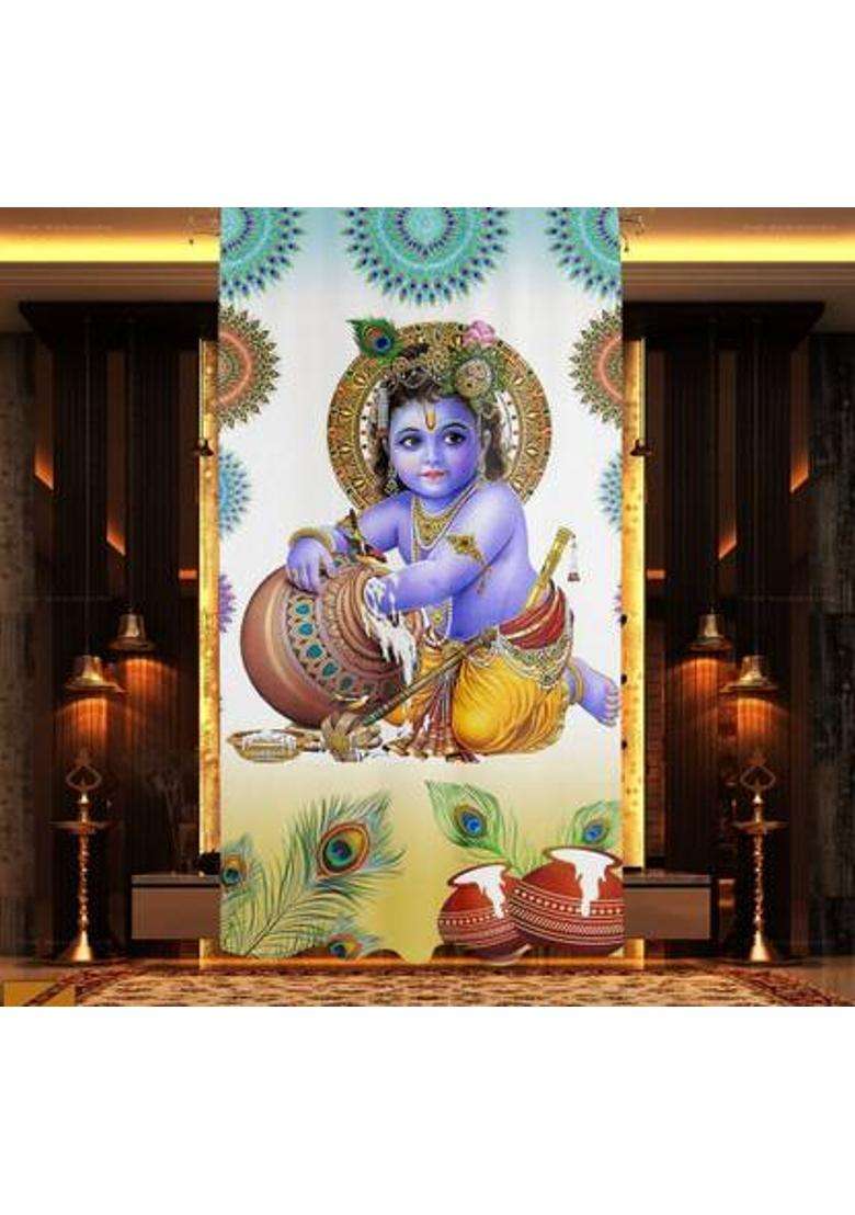 DECOMIZER 153 cm (5 ft) Window Polyester Room Darkening Curtain Single Curtain(White LadduGopal Printed) - Indya