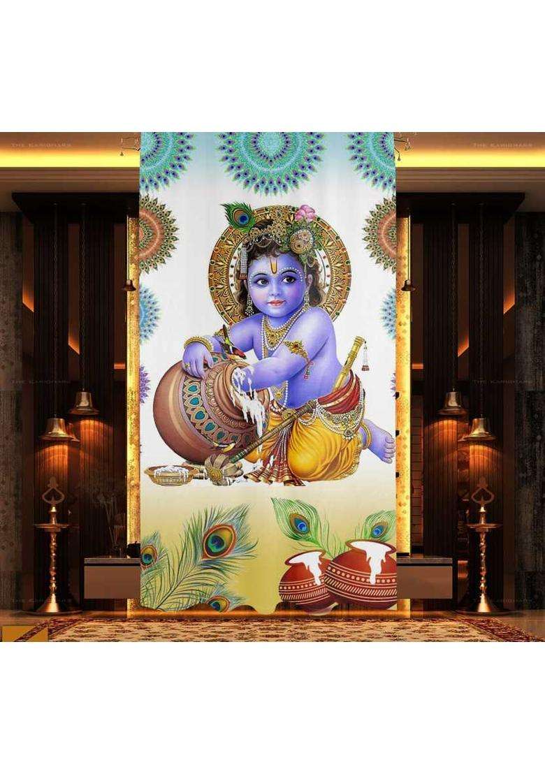 DECOMIZER 153 cm (5 ft) Window Polyester Room Darkening Curtain Single Curtain(White LadduGopal Printed) - Indya