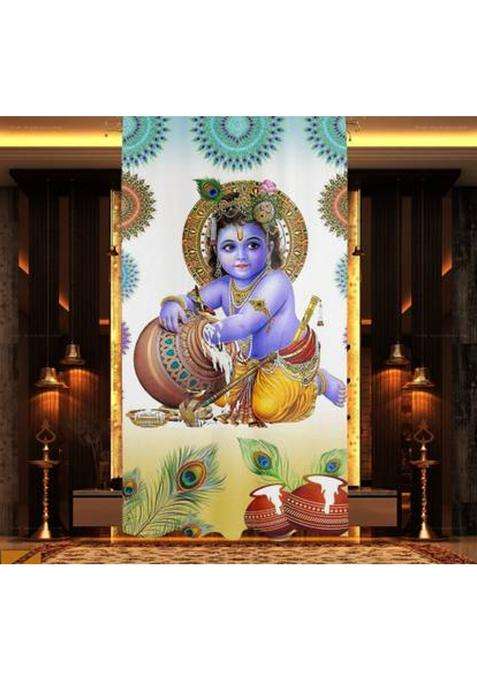 DECOMIZER 153 cm (5 ft) Window Polyester Room Darkening Curtain Single Curtain(White LadduGopal Printed)