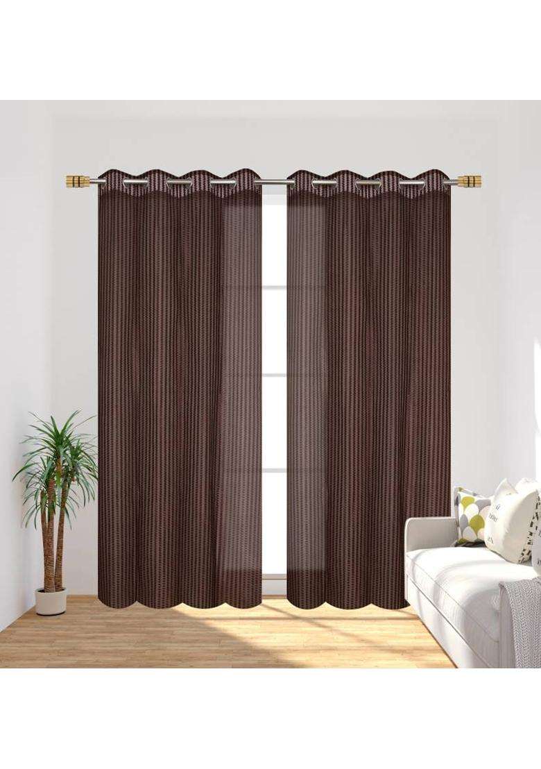 ALBANIA DRAPS 152 cm (5 ft) Window Tissue Transparent Curtain Single Curtain(Brown Striped) - Indya