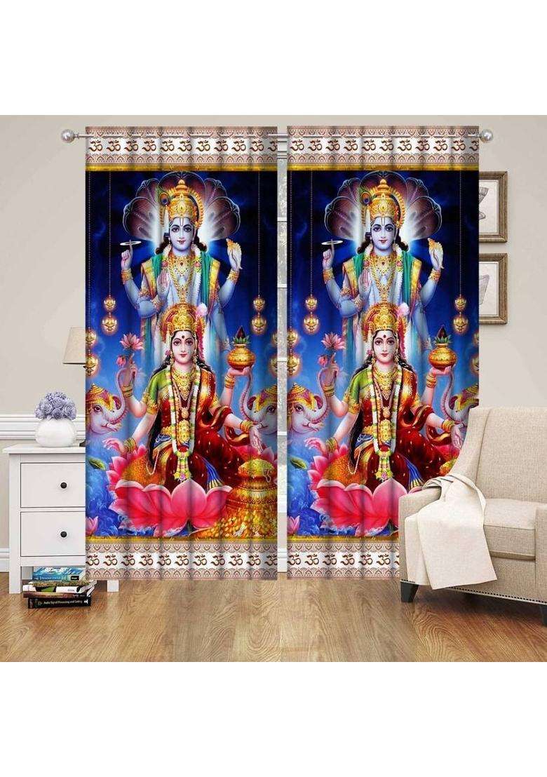 La elite 152 cm (5 ft) Window Polyester Room Darkening Curtain (Pack Of 2)(LuxmiNarayan-Blue Printed) - Indya