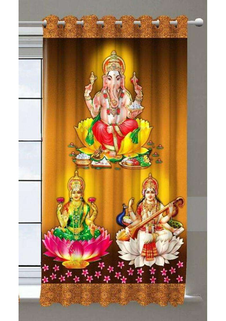 ROOKLEM 153 cm (5 ft) Window Polyester Room Darkening Curtain Single Curtain(Yellow Laxmi ji Ganesh ji 3D Printed) - Indya