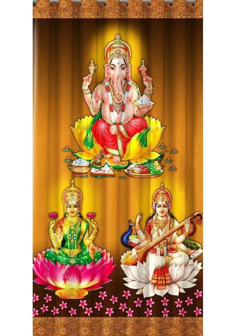 ROOKLEM 153 cm (5 ft) Window Polyester Room Darkening Curtain Single Curtain(Yellow Laxmi ji Ganesh ji 3D Printed) - Indya