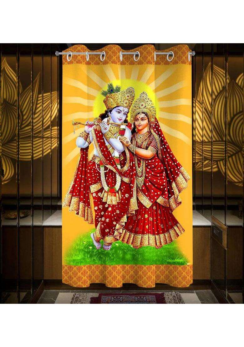 LOOMLYFE 153 cm (5 ft) Window Polyester Room Darkening Curtain Single Curtain(YelloRadhaKrishna 3D Printed) - Indya