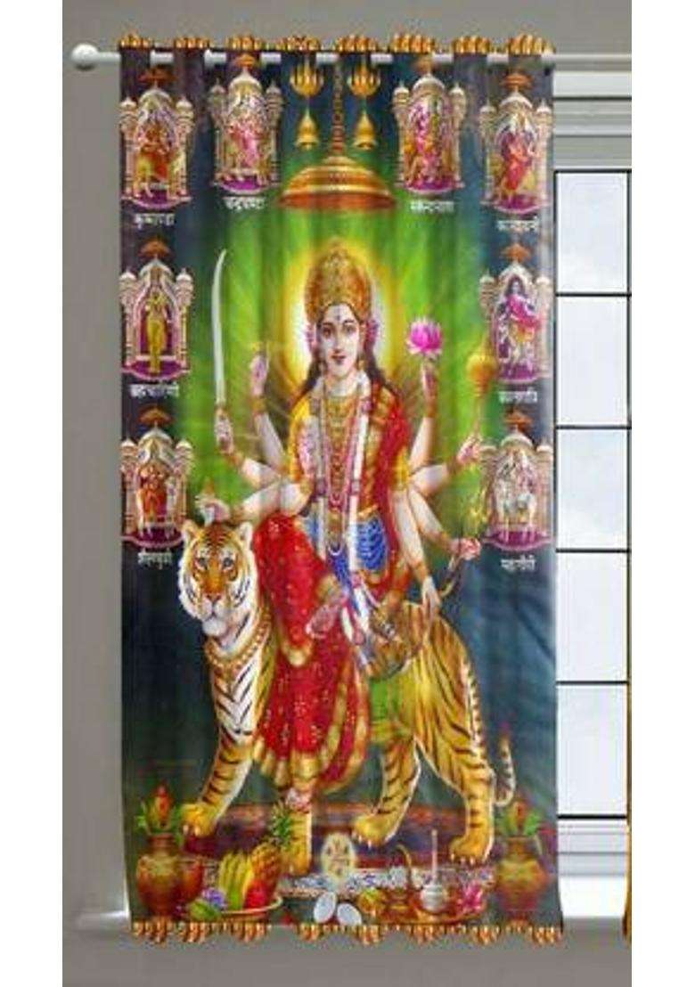 REHAAN 153 cm (5 ft) Window Polyester Room Darkening Curtain Single Curtain(Green Navdurga ji Printed) - Indya