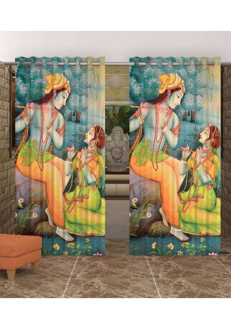 La elite 152 cm (5 ft) Window Polyester Room Darkening Curtain (Pack Of 2)(Radhakrishna-SkyBlue Printed) - Indya