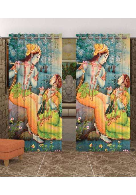 La elite 152 cm (5 ft) Window Polyester Room Darkening Curtain (Pack Of 2)(Radhakrishna-SkyBlue Printed)