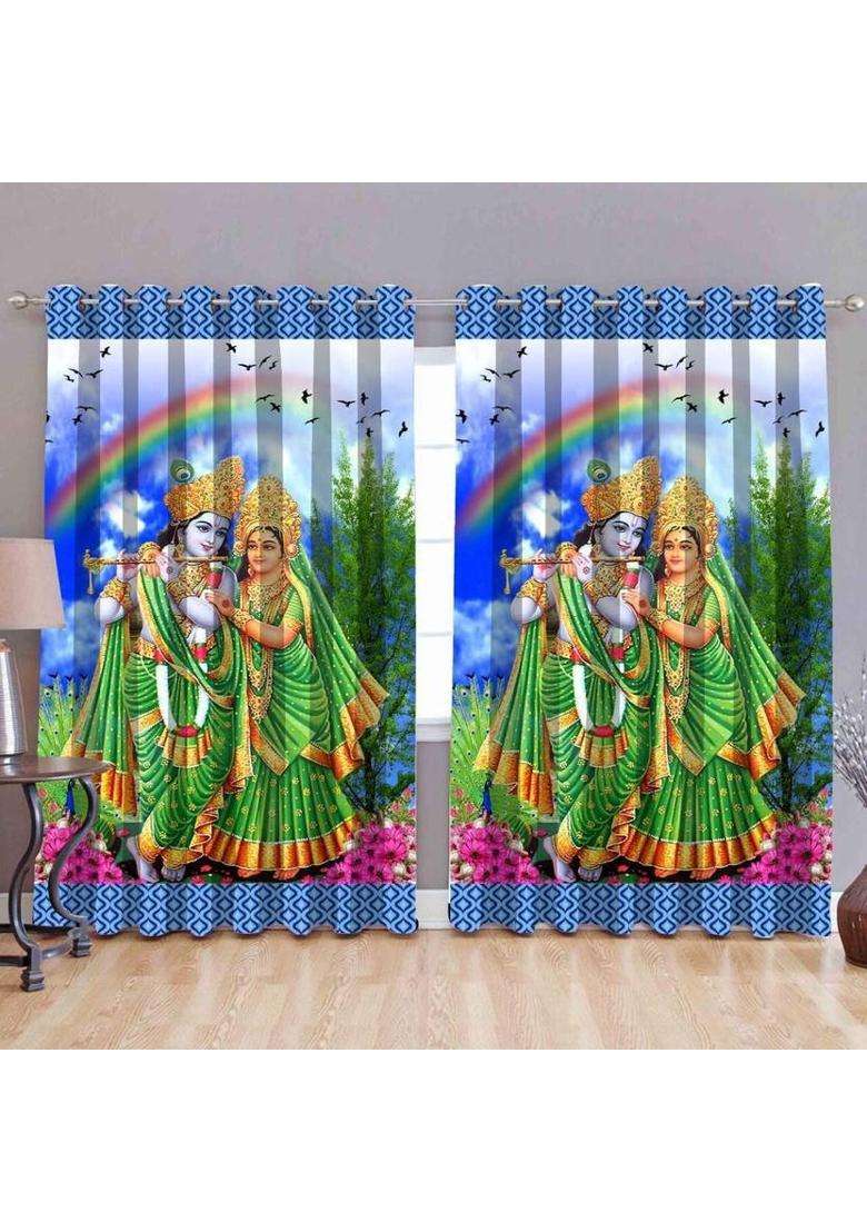 Mansi Texo Fab 152 cm (5 ft) Window Polyester Room Darkening Curtain (Pack Of 2)(Blue Green Printed) - Indya