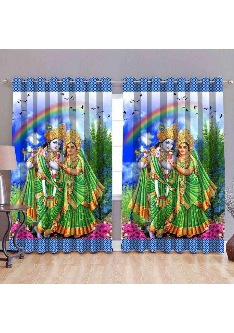 Mansi Texo Fab 152 cm (5 ft) Window Polyester Room Darkening Curtain (Pack Of 2)(Blue Green Printed) - Indya