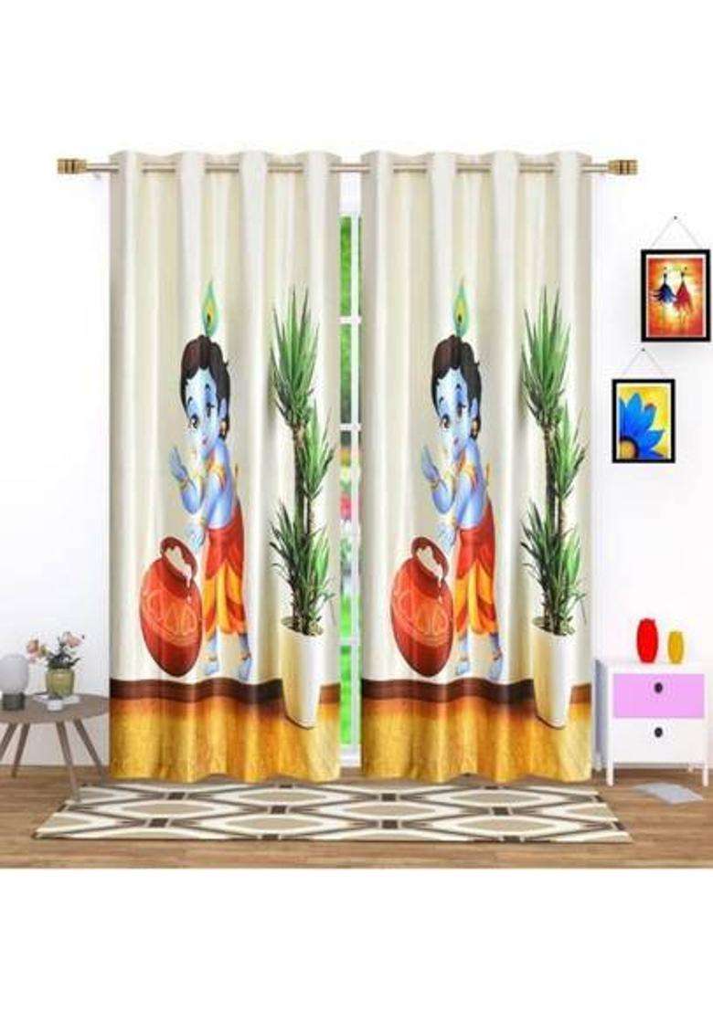 Mansi Texo Fab 152 cm (5 ft) Window Polyester Room Darkening Curtain (Pack Of 2)(Blue White Kanha Printed) - Indya