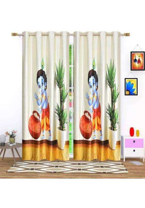 Mansi Texo Fab 152 cm (5 ft) Window Polyester Room Darkening Curtain (Pack Of 2)(Blue White Kanha Printed)