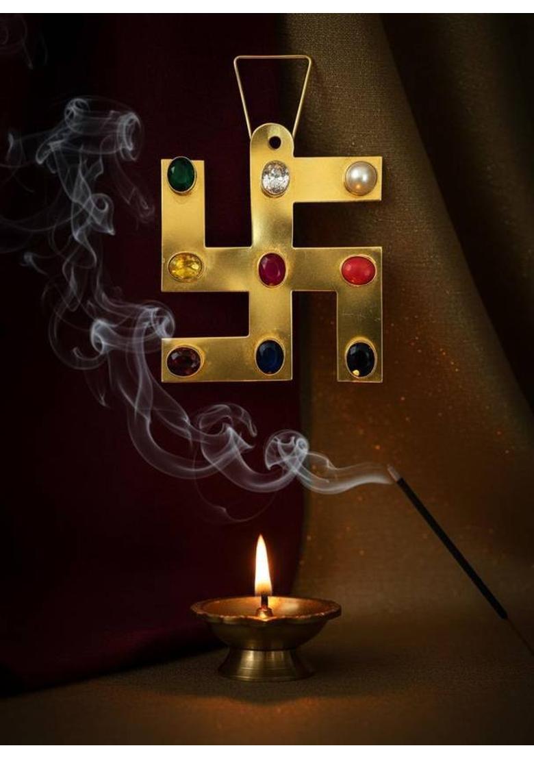 Astroremedis Swastik Decorative Showpiece - 10 cm&nbsp;&nbsp;(Brass, Gold) - Indya