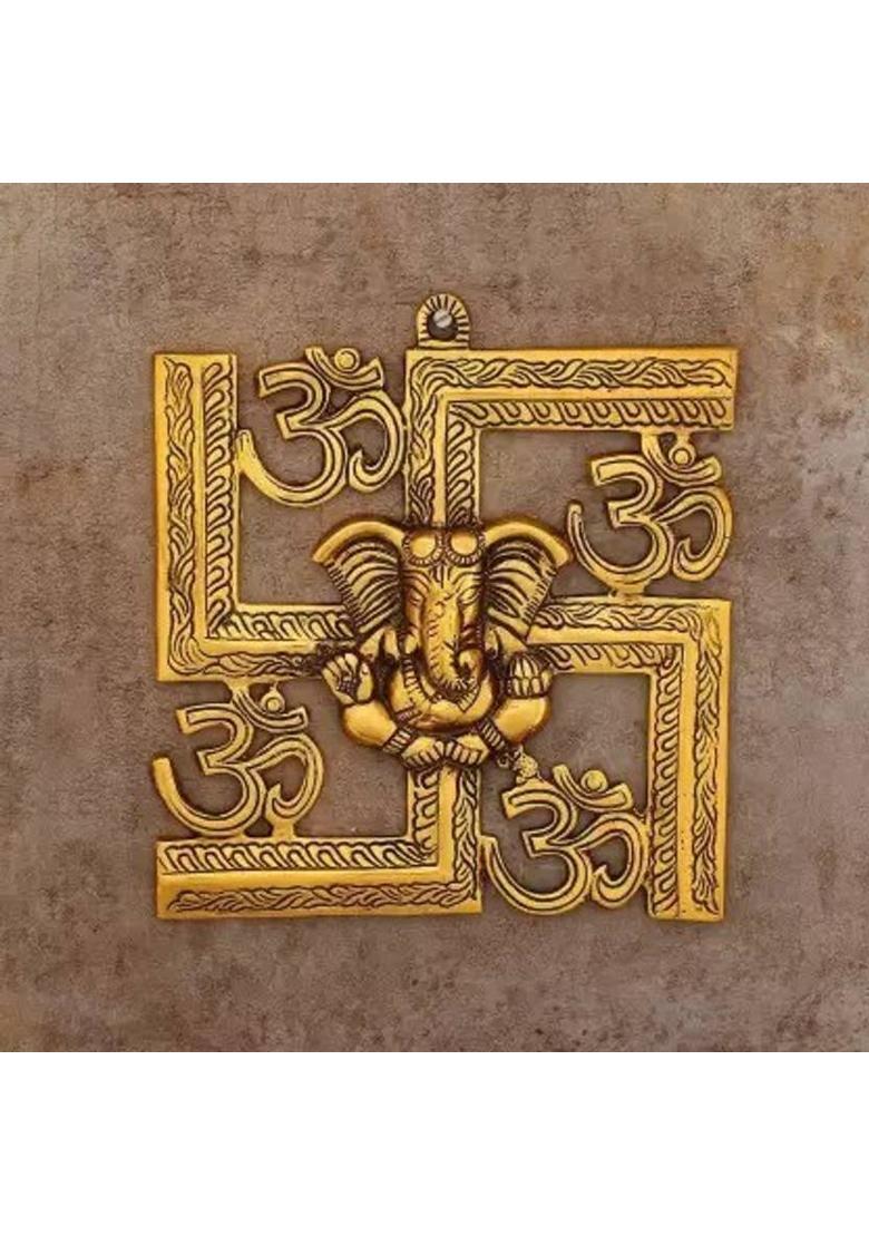 kk Handicraft Brass Swastik Ganesh / Swastik Om Ganesh / Brass Ganesh Statue / Religious Idol Decorative Showpiece - 23 cm&nbsp;&nbsp;(Metal, Gold) - Indya