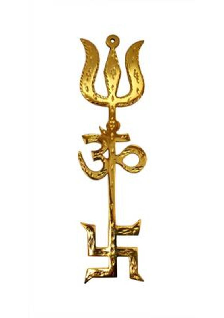 Vashoppee Vastu / Fang Shui Trishakti (Om+Trishul+Swastik) For Reflect Negative Energy Decorative Showpiece - 22 cm&nbsp;&nbsp;(Brass, Gold) - Indya