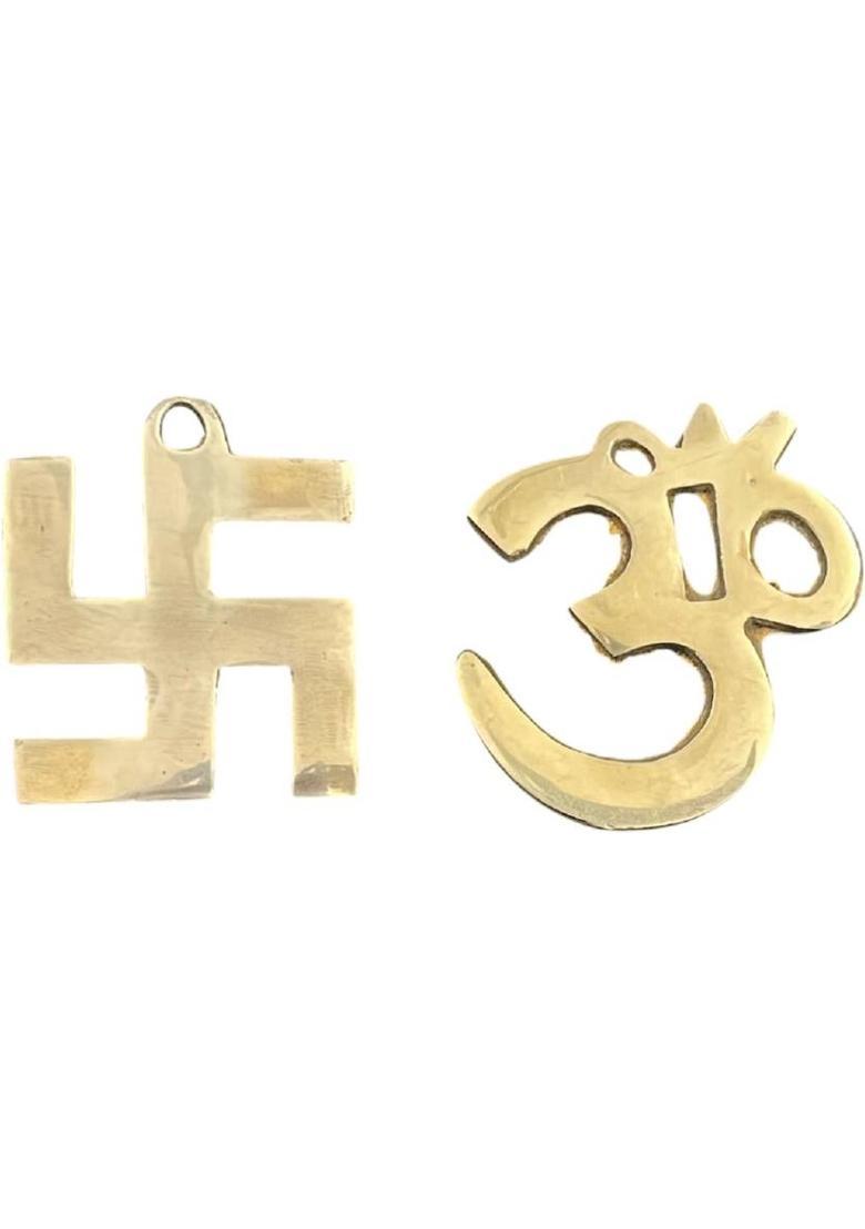 numeroastro Om & Swastik in Brass | Brass Om | Swastik Wall Hanging (2 Inches Each) (1 Set) Decorative Showpiece - 5 cm&nbsp;&nbsp;(Brass, Gold) - Indya