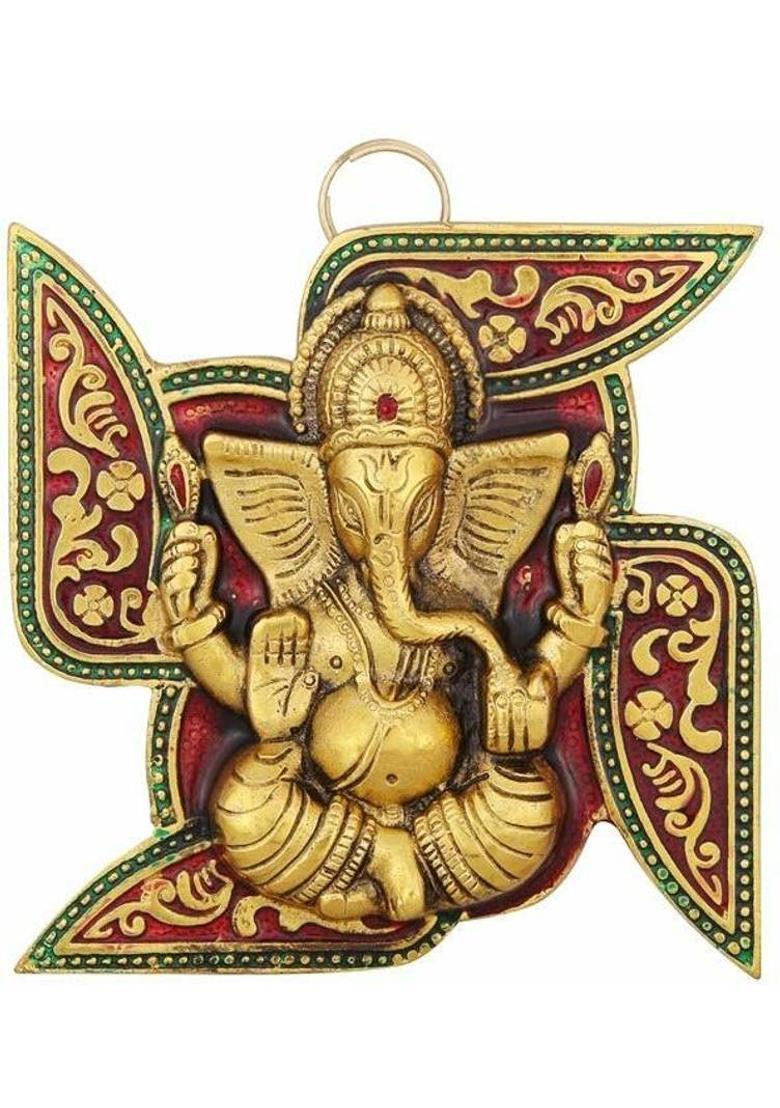 Koolwal craft Wall Hanging Ganesh Placed On Swastik Decorative Showpiece - 13 cm&nbsp;&nbsp;(Metal, Multicolor) - Indya