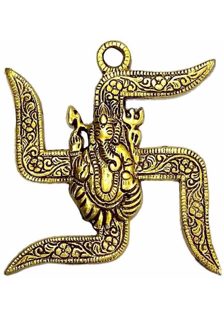 Crafting Bear Swastik Ganesha for Wall Decorative Showpiece - 9 cm (Brass, Gold) Decorative Showpiece - 9 cm&nbsp;&nbsp;(Metal, Gold) - Indya