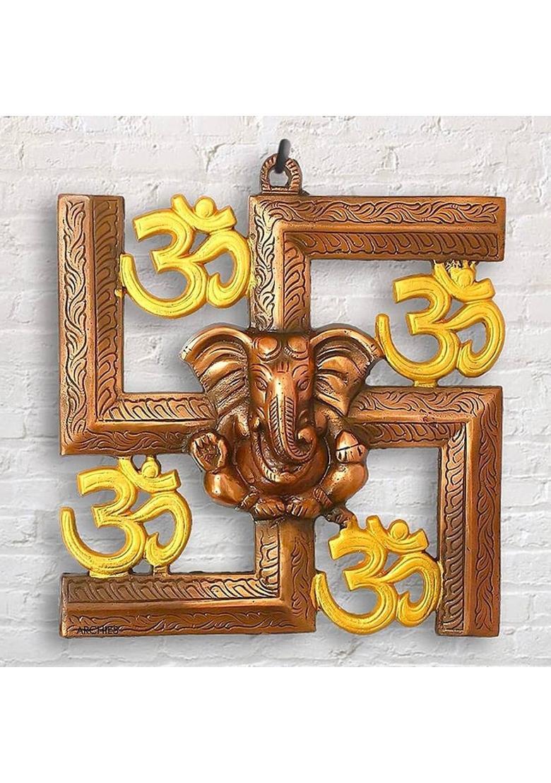 WORLDOFCRAFT Ganesh Swastik Om Wall Hanging | Ganpati Idol Perfect Home Decor & Festive Gift Decorative Showpiece - 22 cm&nbsp;&nbsp;(Metal, Copper) - Indya