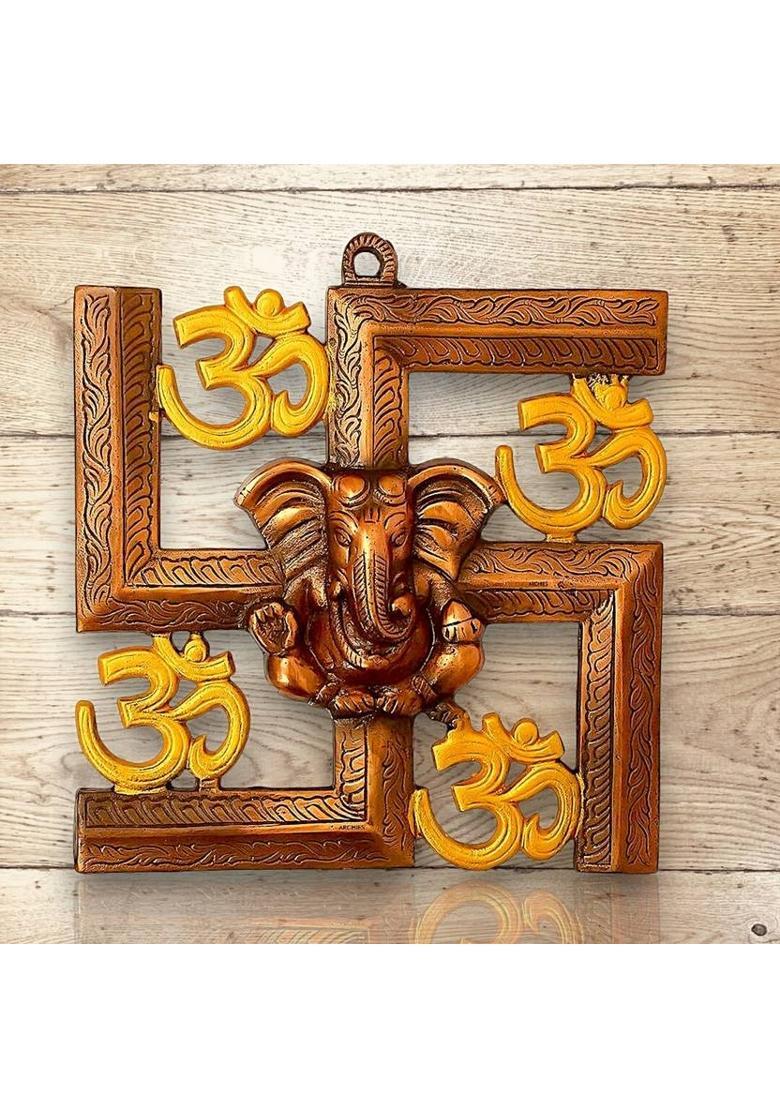 WORLDOFCRAFT Ganesh Swastik Om Wall Hanging | Ganpati Idol Perfect Home Decor & Festive Gift Decorative Showpiece - 22 cm&nbsp;&nbsp;(Metal, Copper) - Indya