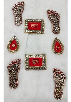 prisma collection kundankari ,Diamond Shubh Labh Swastik Shree Laxmi ji charan for Door Decoration Decorative Showpiece - 8 cm&nbsp;&nbsp;(Metal, Red)