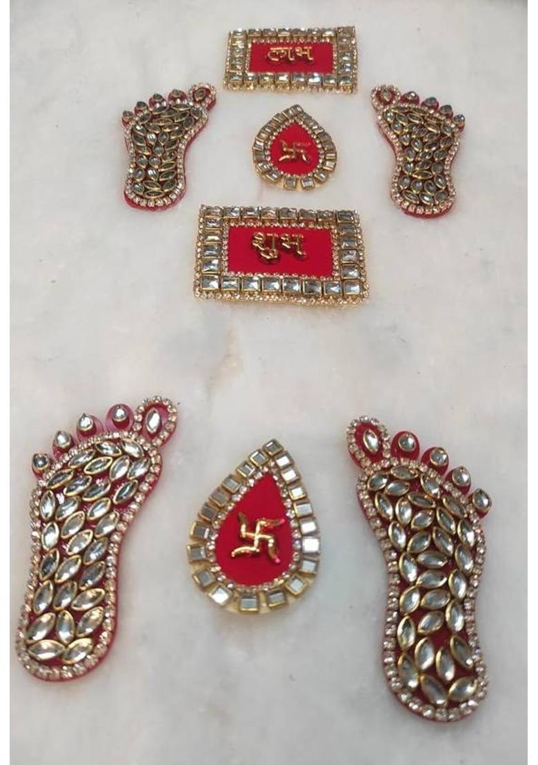 prisma collection kundankari ,Diamond Shubh Labh Swastik Shree Laxmi ji charan for Door Decoration Decorative Showpiece - 8 cm&nbsp;&nbsp;(Metal, Red) - Indya
