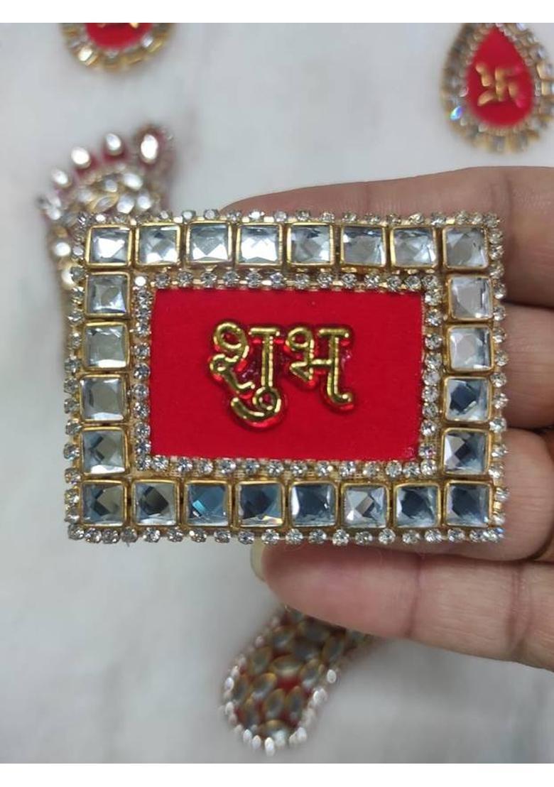 prisma collection kundankari ,Diamond Shubh Labh Swastik Shree Laxmi ji charan for Door Decoration Decorative Showpiece - 8 cm&nbsp;&nbsp;(Metal, Red) - Indya