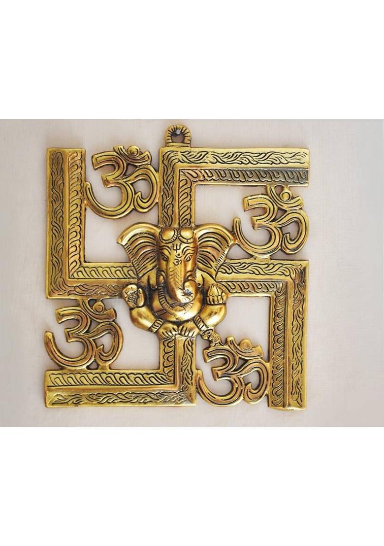 Sai Craft Creations Ganesh Idol on Om Swastik Metal Wall Hanging Ganesh Idols Showpiece Statue | Ganesha Wall Decor | Metal Wall Hanging | Wall Art | Religious Idol Decorative Showpiece - 22.5 cm&nbsp;&nbsp;(Metal, Gold) - Indya