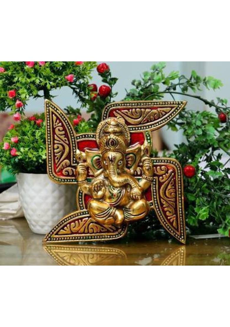 GREENTOUCH CRAFTS Metal Wall hanging Ganesha Placed On Swastik decorative showpiece Decorative Showpiece - 20 cm&nbsp;&nbsp;(Metal, Gold) - Indya