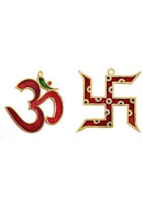 WHITEFLIP Metallic Hanging OM & Swastik Symbol for Home - OM & Swastik Symbol for Door Entrance - Main Door Hanging Vastu Items for Home for Good Luck Symbol Omkar Pooja Decoration Items - Set of 2 Decorative Showpiece - 17.5 cm&nbsp;&nbsp;(Metal, Red, Gold)