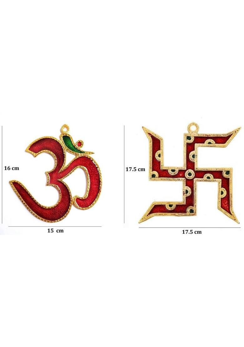 WHITEFLIP Metallic Hanging OM & Swastik Symbol for Home - OM & Swastik Symbol for Door Entrance - Main Door Hanging Vastu Items for Home for Good Luck Symbol Omkar Pooja Decoration Items - Set of 2 Decorative Showpiece - 17.5 cm&nbsp;&nbsp;(Metal, Red, Gold) - Indya