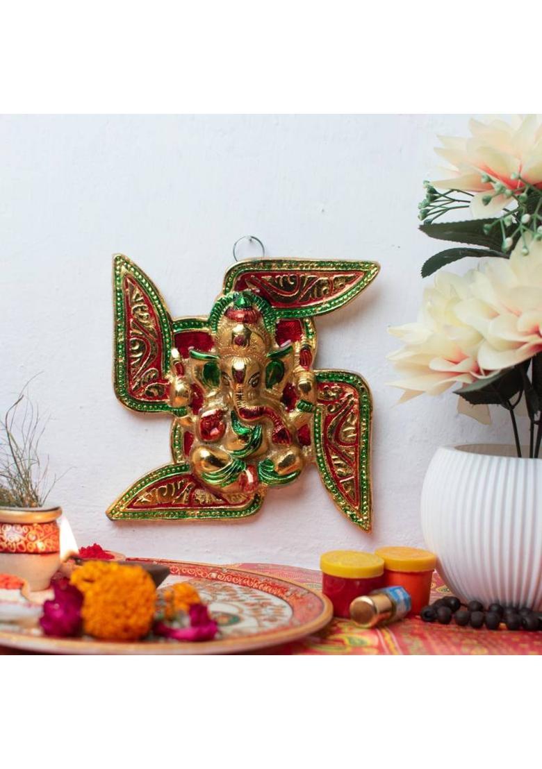 Decorique Ganesha On Swastik Wall Hanging, Wall Decor For Home, Office Decorative Showpiece - 17 cm&nbsp;&nbsp;(Metal, Multicolor) - Indya