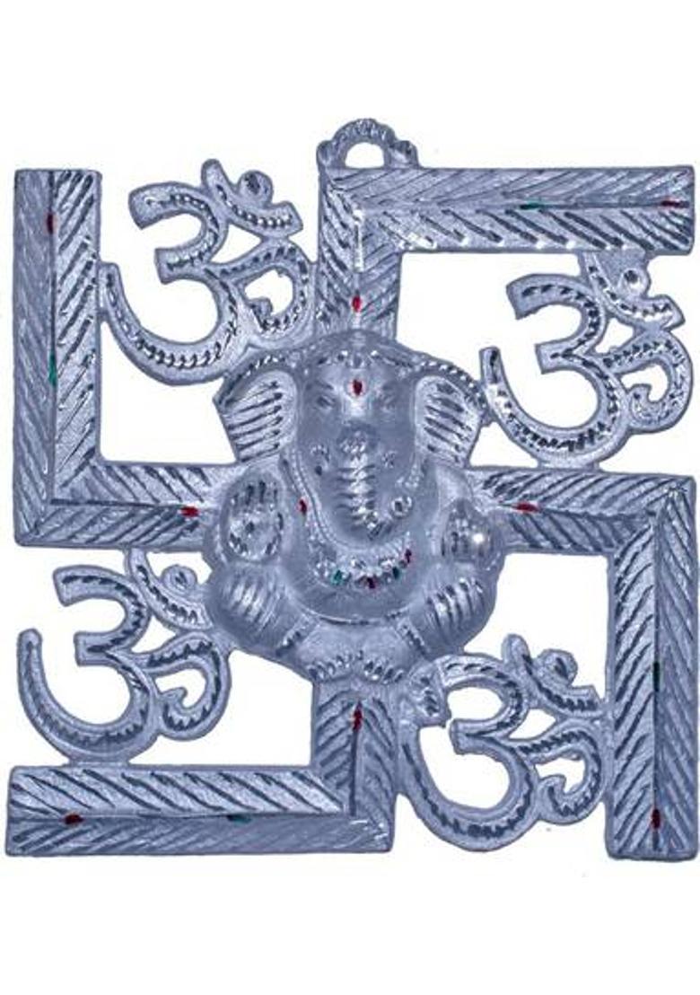 jy White Metal Wall Hanging Swastik Om Ganesh Idol Silver Colour Decorative Showpiece - 22 cm&nbsp;&nbsp;(Aluminium, Silver) - Indya