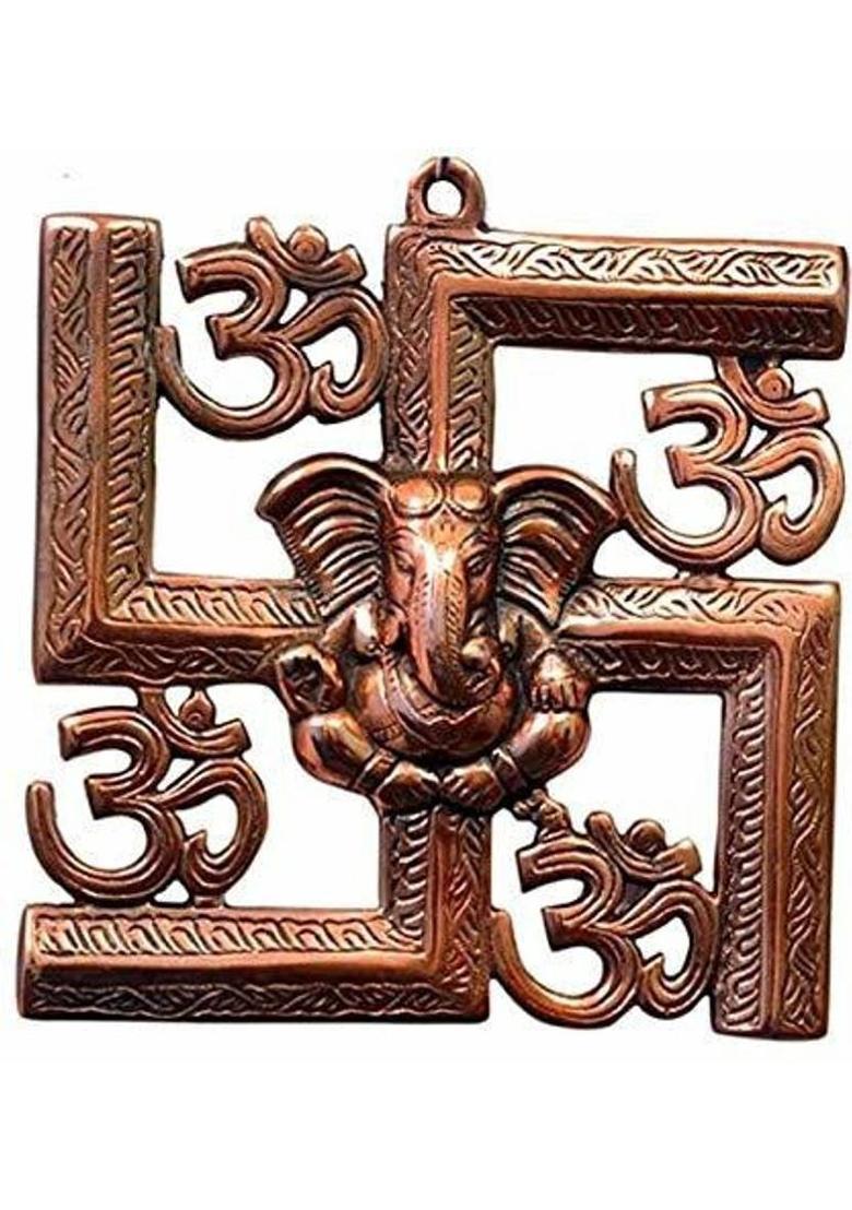 Tribhu Creation Lord Ganesha on Om Swastik Metal Wall Hanging Showpiece Decorative Showpiece - 22 cm&nbsp;&nbsp;(Aluminium, Copper) - Indya