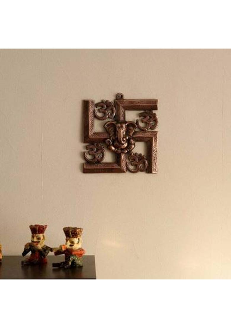 Tribhu Creation Lord Ganesha on Om Swastik Metal Wall Hanging Showpiece Decorative Showpiece - 22 cm&nbsp;&nbsp;(Aluminium, Copper) - Indya