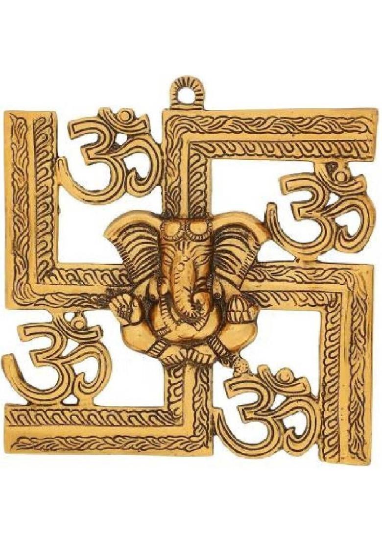 RSN Decorative Showpiece of Lord Ganesha on Om Swastik Metal Golden Wall Hanging Brand: pranjals house Decorative Showpiece - 22 cm&nbsp;&nbsp;(Aluminium, Gold) - Indya