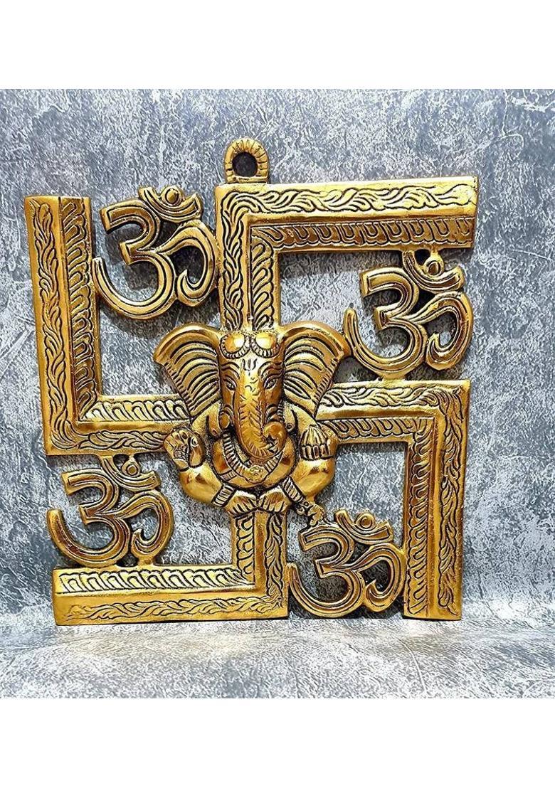 RSN Decorative Showpiece of Lord Ganesha on Om Swastik Metal Golden Wall Hanging Brand: pranjals house Decorative Showpiece - 22 cm&nbsp;&nbsp;(Aluminium, Gold) - Indya